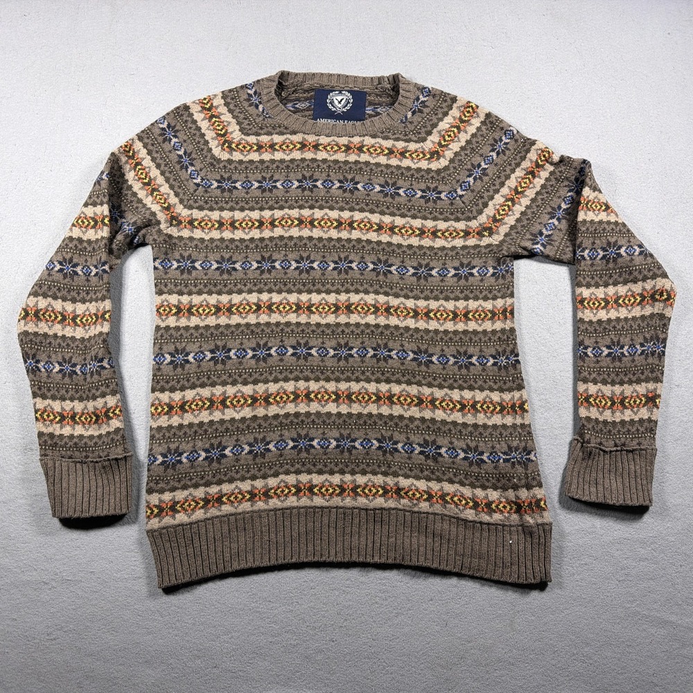 American Eagle Outfitters Sweater Mens LT Brown Fair Isle Crewneck Pullover